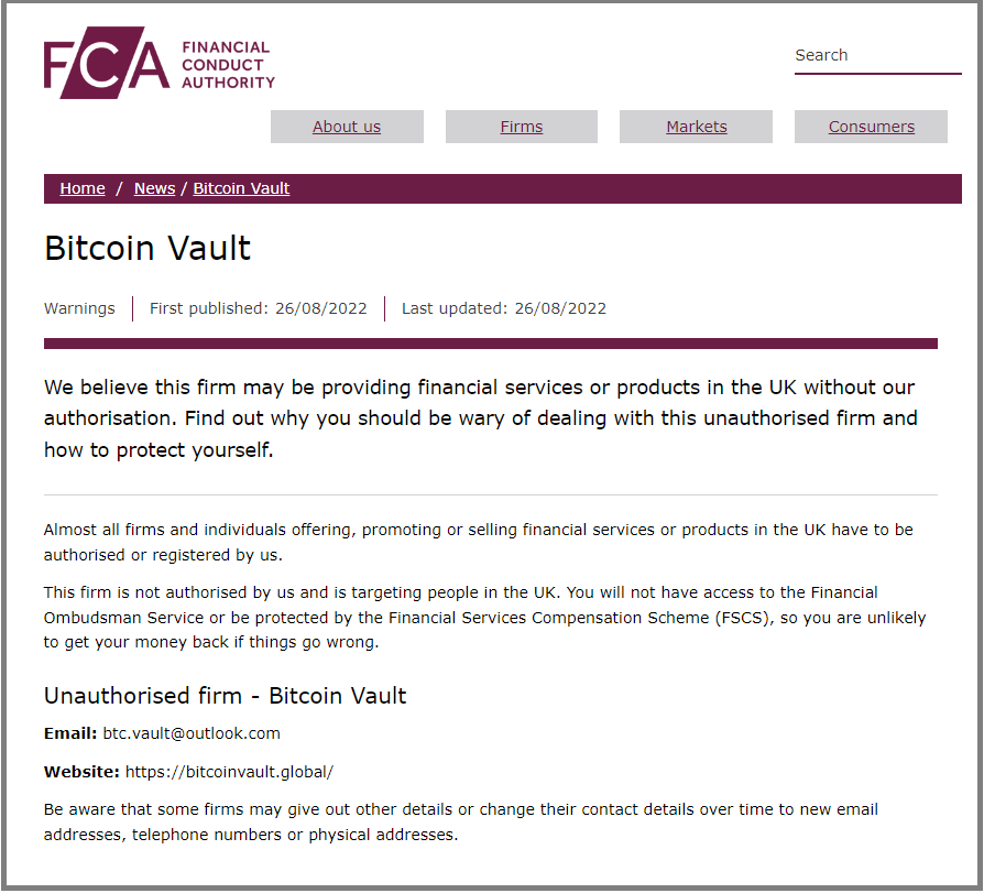 Bitcoin Vault / Lista ostrzeżeń FCA 
